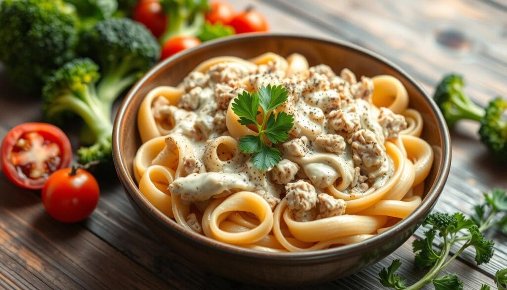 Healthy Ground Turkey Pasta Alfredo