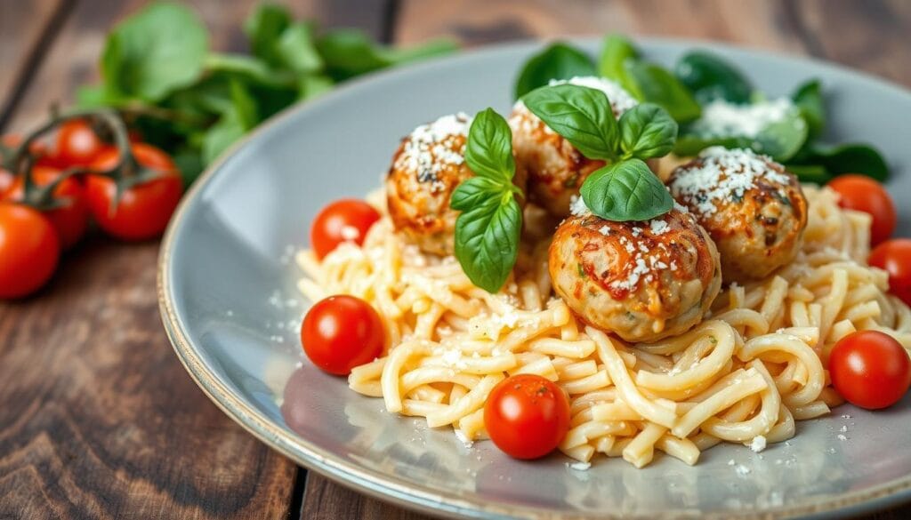 Tuscan Chicken Meatball Orzo Plating